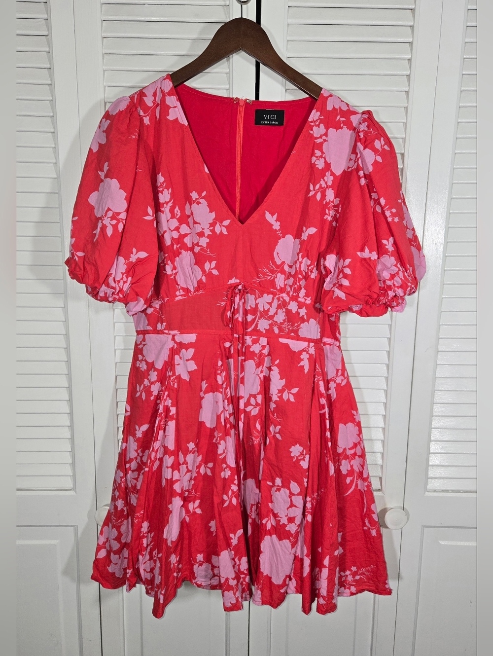 Vici Rosie Puff Sleeve Red Orange Pink Floral V Neck A Line Mini Dress Sz XL